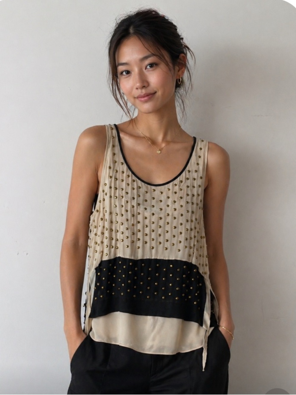 Diane Von Furstenberg Tan & Black Studded Layered Tank